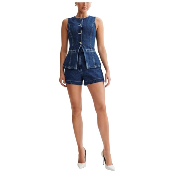 ELFTOWN Denim 2 Piece Set Sleeveless Button Vest & High Waist Shorts Medium New - Picture 5 of 7